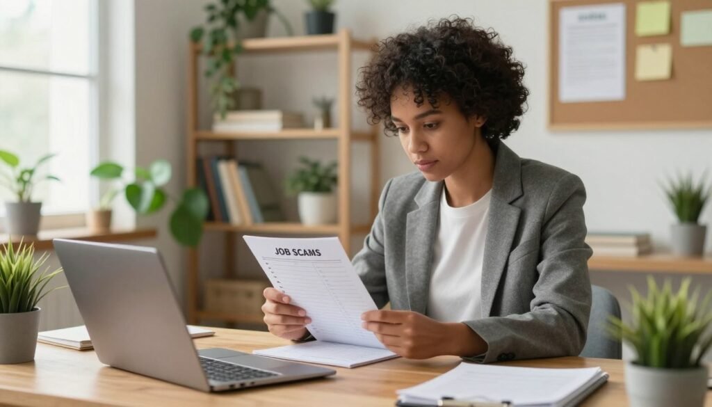 A focused professional in a bright home office reviewing a job checklist on a notepad, surrounded by plants and bookshelves.