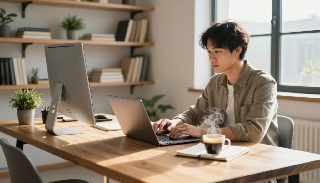 A bright and organized home office setting, featuring a sleek wooden desk with a modern computer setup, notepad, and a steaming cup of coffee. In the foreground, a focused individual in business casual attire is seated, typing intently on a laptop; their posture conveys concentration and productivity. The middle ground includes shelves filled with books and small potted plants, adding a touch of greenery. The background shows a large window, allowing natural light to stream in, creating a warm and inviting atmosphere. Soft shadows enhance the depth, and a gentle aura of motivation fills the space. The overall mood is one of focus and efficiency, emphasizing a harmonious work environment that boosts productivity. A bright home office with a wooden desk, a computer setup, notepad, coffee cup, shelves with books and plants, and a person in business casual typing on a laptop near a large sunlit window.