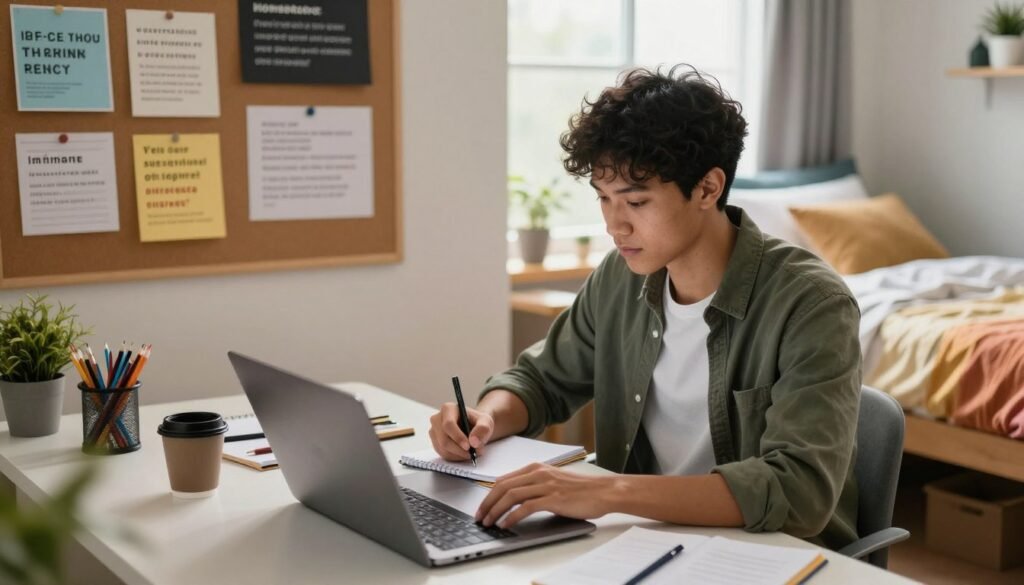 A college student in a modern dorm room, engaged in remote work, portrayed from a slightly elevated angle. The foreground features a laptop open on a cluttered desk, with a coffee mug, notebooks, and pens scattered around. The student, a diverse individual dressed in casual yet professional attire, sits focused while taking notes. In the middle ground, a bulletin board displays motivational quotes and networking tips, while a cozy bed is visible, adorned with colorful bedding. The background includes a window with soft, natural light streaming in, creating a warm and inviting atmosphere. The overall mood is inspiring and productive, reflecting an academic environment conducive to job applications and career planning. College student taking notes on laptop in dorm room while planning a remote job