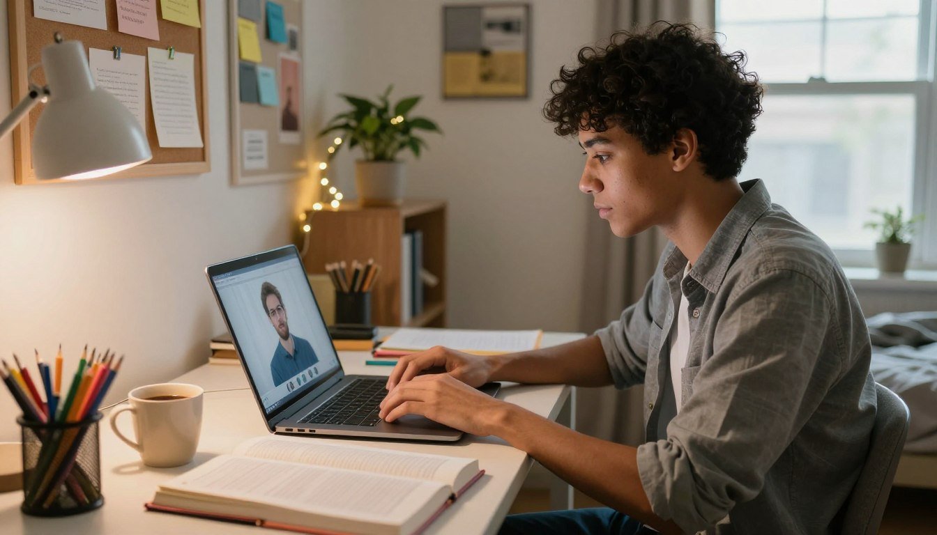College student working remotely from dorm room with laptop, textbooks, and coffee