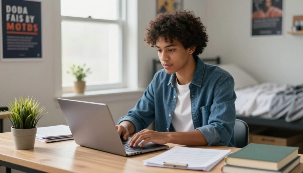 A college student of diverse ethnicity, focused and engaged, sits at a tidy study desk in a cozy dorm room. They are wearing smart casual clothing, using a laptop with various educational materials spread around. The foreground features a small potted plant and some textbooks, creating an academic vibe. In the middle, the student is immersed in their work, with soft natural light filtering through a window, highlighting their concentration. In the background, motivational posters adorn the walls, while a comfortable bed is neatly made, hinting at the balance between study and relaxation. The overall atmosphere is productive yet inviting, encapsulating the essence of remote student jobs in the United States. Bright, warm lighting enhances the scene, capturing a sense of determination and opportunity. College student conducting online research at laptop in dorm room