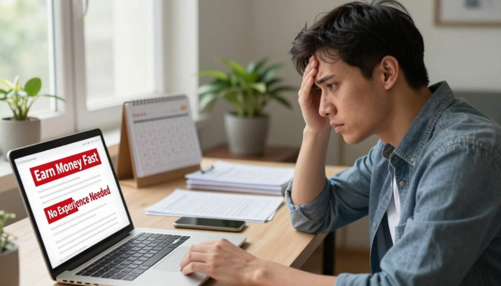 A concerned young professional at a home desk reviewing a suspicious job listing on a laptop with visible red‑flag phrases like “Earn Money Fast” and “No Experience Needed.”