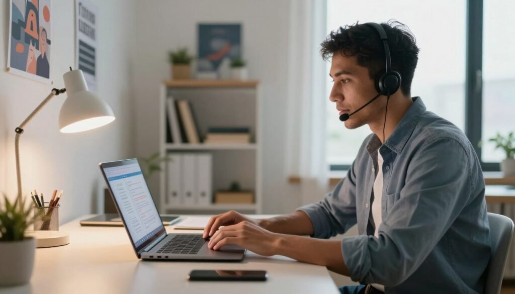 A corporate trainer sits confidently at a modern home office desk, engaged in a virtual teaching session. The trainer is a diverse individual, donned in smart casual attire, with a professional headset on, and is focused intently on a laptop screen displaying training materials. In the foreground, the warm glow from a desk lamp casts soft light on the trainer's focused expression. The middle background shows a well-organized workspace, featuring motivational posters and books on a nearby shelf. In the background, a window allows natural light to flow in, creating a bright, inviting atmosphere. The mood conveys professionalism, engagement, and the dynamic environment of remote teaching, emphasizing the trainer's role in facilitating learning. Corporate trainer teaching remotely from a modern home office, wearing a headset and focused on a laptop during a virtual session.