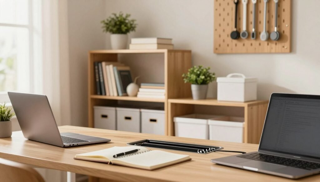 A cozy and organized home office space showcasing effective storage and cable management techniques. In the foreground, a neat desk with a modern laptop, notepads, and pens, all arranged neatly with a cable organizer hidden underneath. In the middle, a stylish storage unit featuring open shelves with neatly arranged books, decorative plants, and closed storage boxes, ensuring a clean aesthetic. The background reveals a soft-focus view of a wall-mounted pegboard with cables neatly arranged, enhancing the workspace's functionality. Warm, natural lighting filters through a window, creating a welcoming atmosphere. The angle captures the desk from a slight side view, highlighting the organization and cleanliness. Aim for a serene, productive vibe, conveying efficiency and tidiness. A tidy home office with a wooden desk holding a laptop, notepads, and pens, a hidden cable organizer underneath, a storage unit with shelves and boxes, and a wall‑mounted pegboard with neatly arranged cables.