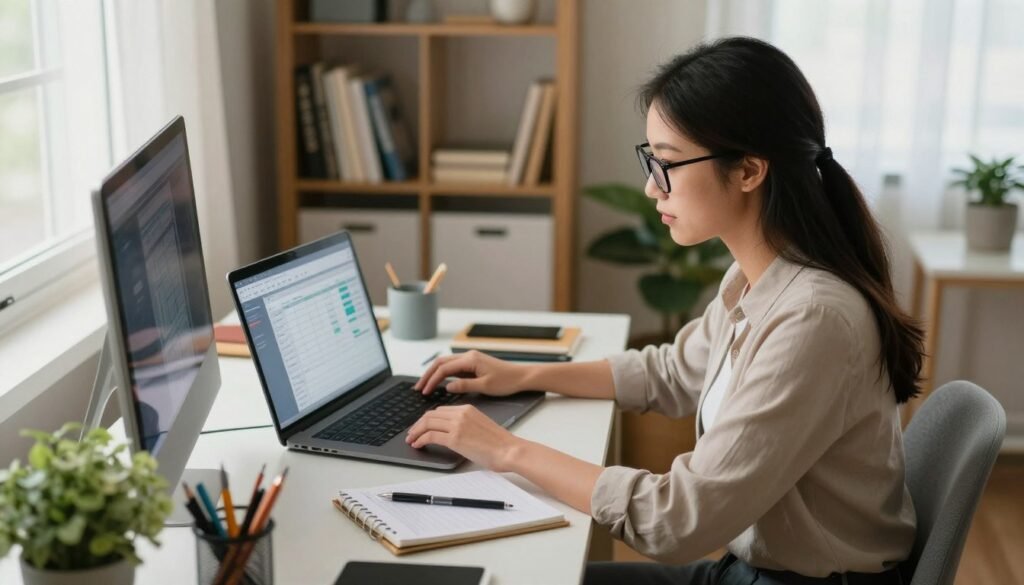 A cozy home office scene featuring a diverse individual, a young woman of Asian descent, seated at a stylish desk, intently working on a laptop. She is dressed in professional casual attire, with smart glasses and a notepad beside her, jotting down notes as she learns new job skills for virtual assistant work. The foreground showcases the desktop cluttered with stationery and a small plant, while the middle ground highlights the glowing laptop screen that displays a scheduling software interface. Behind her, a well-organized bookshelf features books on productivity and virtual assistance. Soft natural light streams through a window, creating a warm and inviting atmosphere, emphasizing the theme of flexible work options. The angle is a slight overhead shot, capturing her focused expression amidst a professional yet comfortable setting. Woman working on a laptop in a cozy home office, practicing virtual assistant tasks with scheduling software open on the screen.