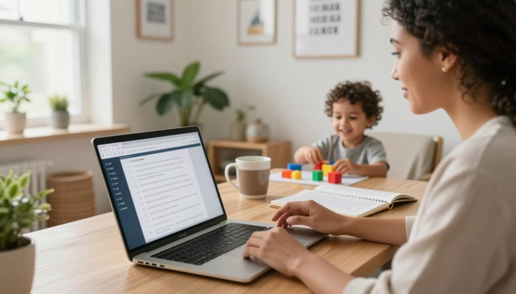 A cozy home office scene featuring a diverse mom in casual attire, intently watching a transcription tutorial on her laptop. The foreground includes the laptop with a clear view of a transcription course interface, and a notepad filled with notes. To the side, a happy toddler plays with colorful toys, adding warmth to the atmosphere. The middle background showcases a well-lit workspace with plants, a coffee mug, and motivational quotes hanging on the wall. Soft, natural light streams through a nearby window, creating a serene and focused vibe. The angle captures the sense of a productive yet comfortable environment, embodying the blend of work and motherhood. Mom learning transcription skills online to start a remote transcription job while her toddler plays nearby.