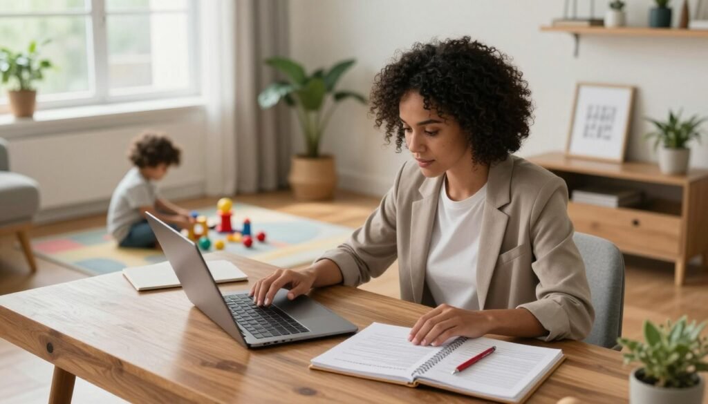Mom working as a remote proofreader reviewing a document at her home office desk while her child plays nearby.