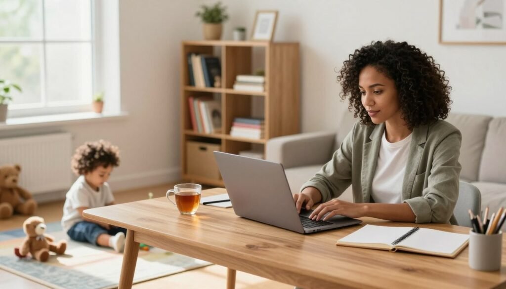 A cozy home office scene featuring a diverse mom watching a tutorial on her laptop, dressed in comfortable yet professional attire. In the foreground, the mother, focused and engaged, sits at a stylish wooden desk, with a note pad and a cup of tea beside her. A toddler plays nearby on a colorful rug, surrounded by soft toys, adding a touch of warmth to the environment. In the middle ground, a well-organized bookshelf showcases books on social media and creativity. The background features a large window, with soft, natural light streaming in, illuminating the space and creating a welcoming atmosphere. The overall mood is creative and inspiring, perfect for moms pursuing social media assistant roles. Mom learning social media management skills at home while preparing for a remote social media assistant job.