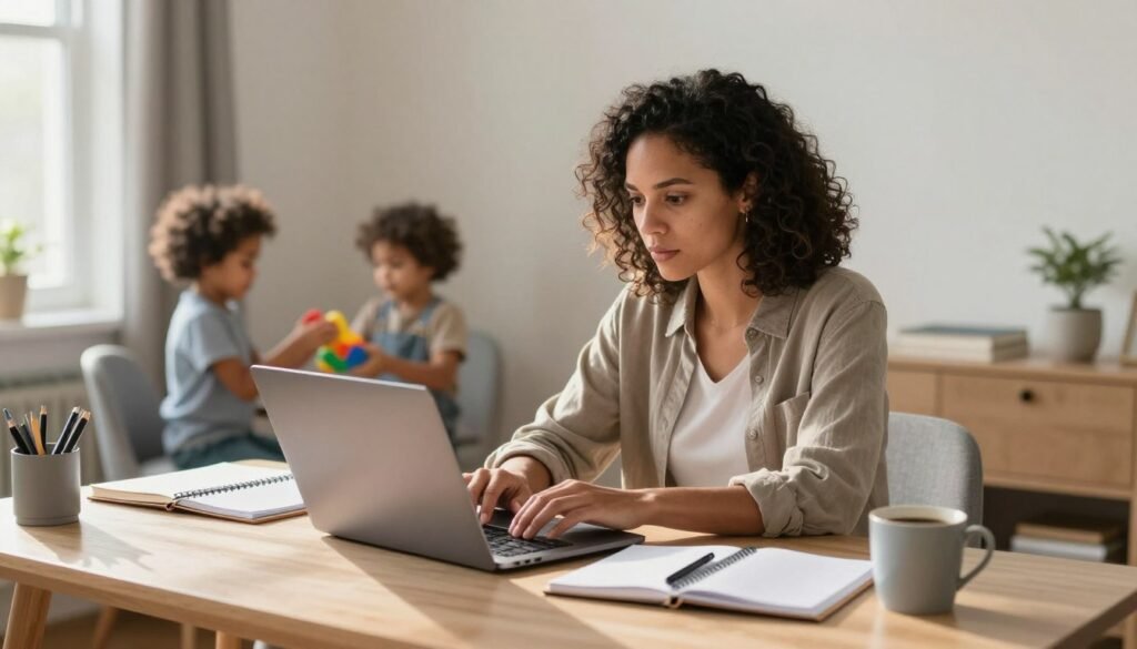 Mom working as a freelance writer from home while her children play nearby in a bright home office.