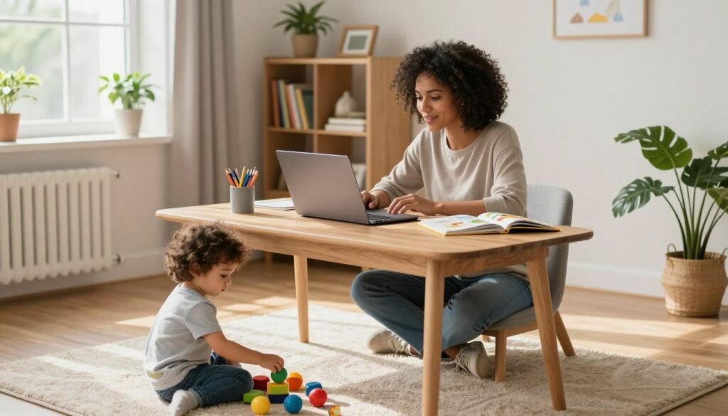 A cozy home office scene featuring a diverse mother in modest casual clothing, intently engaged in an online tutoring session on her laptop. She sits at a wooden desk surrounded by educational materials, with a colorful children's book open beside her. In the foreground, her toddler plays with educational toys on a soft rug, creating a warm and nurturing atmosphere. The room is filled with natural light streaming in from a nearby window, illuminating the cheerful decor and plants around. The background features a bookshelf filled with books, adding depth to the setting. The overall mood conveys patience, support, and the joy of learning, perfectly capturing the essence of online tutoring. Mom working as an online reading tutor from home while her toddler plays with educational toys nearby.
