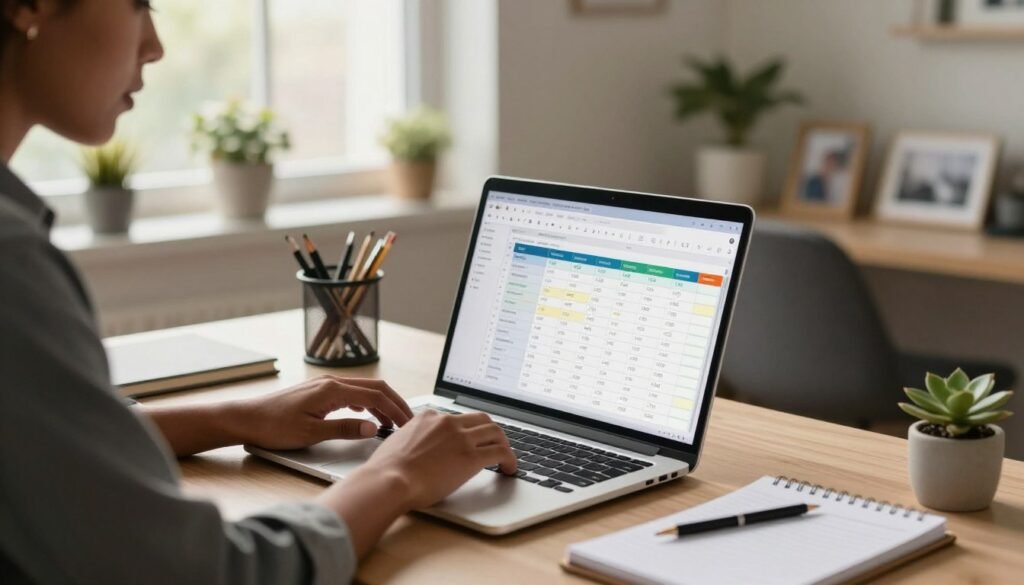A cozy home office scene, featuring a single diverse individual working alone at a desk. The person, wearing smart casual attire, is focused on a laptop that displays a colorful spreadsheet, symbolizing data entry work. The foreground highlights the laptop, with fingers poised on the keyboard, while the middle ground shows the person surrounded by organized office supplies and a notepad with notes. In the background, soft natural light filters through a window, illuminating the room with a warm and inviting glow. Potted plants and personal touches, like framed photos, create an atmosphere of productivity and comfort. The overall mood is serene and professional, emphasizing the essence of remote work in data entry. Woman tracking remote data entry job applications on a spreadsheet in a home office.