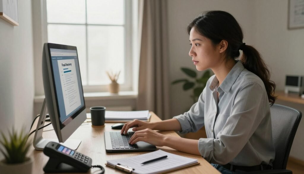 A distressed young professional in a home office reviewing a scam‑related email on a laptop, with notes and a phone nearby as they work to recover from fraud.