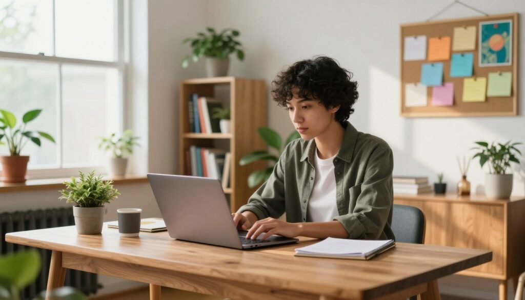 A cozy home office scene featuring a single individual, casually dressed in smart business attire, working on a laptop at a stylish wooden desk. The individual, a diverse representation of gender and ethnicity, is focused on their work, surrounded by plants and colorful artwork to create a vibrant atmosphere. Natural light floods in through a large window, casting gentle shadows and enhancing the warm tone of the room. In the background, a neatly organized bookshelf and a wall-mounted bulletin board with notes and reminders add to the professional yet inviting vibe. The lens captures the scene in a soft focus to evoke a sense of calm and productivity, highlighting the ideal remote work environment. A cozy home office with a person in smart business‑casual attire working on a laptop at a wooden desk, surrounded by plants, colorful artwork, and warm natural light from a large window.