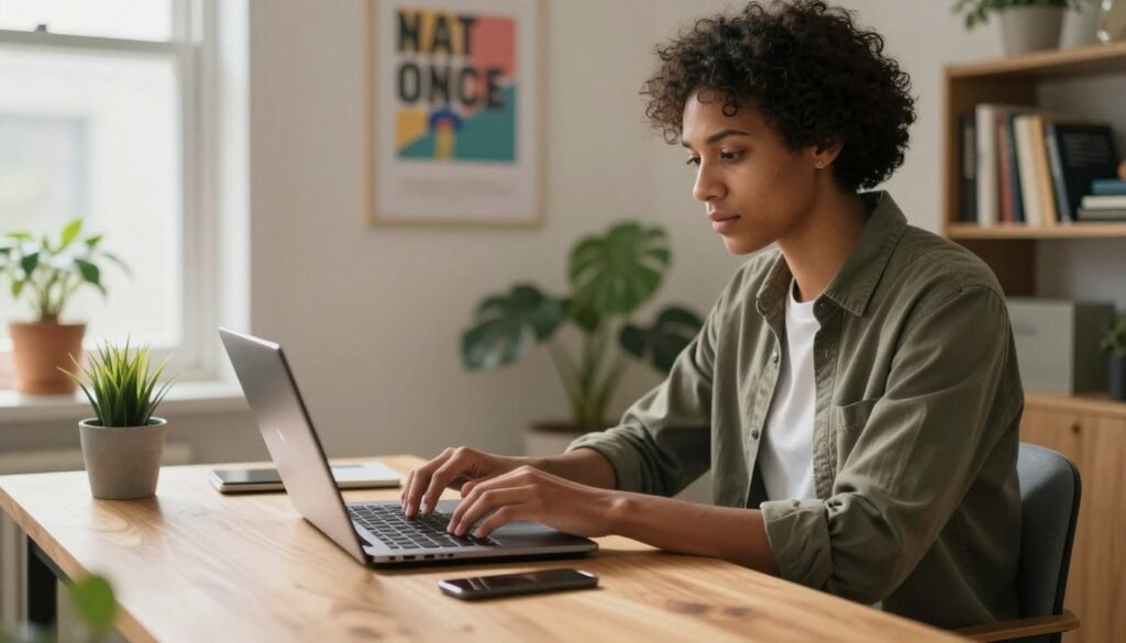 A cozy home office scene featuring a single individual engaged in remote work. The foreground shows a person of diverse ethnicity and gender, seated at a stylish wooden desk, typing on a laptop. They are dressed in smart-casual attire, exuding professionalism. Soft, natural light streams in through a nearby window, illuminating the space and creating a warm atmosphere. The middle ground includes a few personal touches, like houseplants and motivational posters, reflecting a sense of creativity and comfort. In the background, hints of a bookshelf filled with books about career development and remote work can be seen, enhancing the focus on the concept of remote jobs. The overall mood is productive, inspiring, and modern, perfect for illustrating the essence of remote work platforms. A cozy home office with a person in smart‑casual attire typing on a laptop at a wooden desk, surrounded by soft natural light, houseplants, and neatly arranged workspace items.