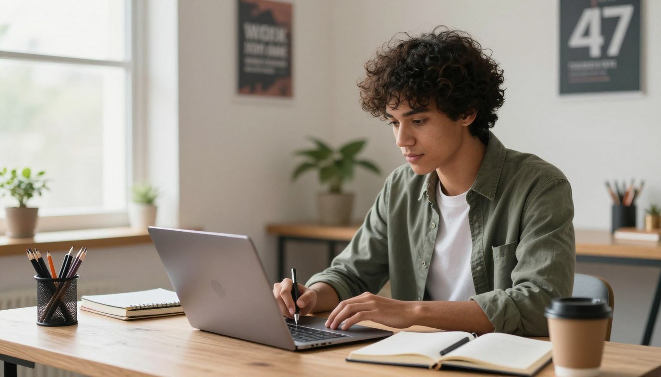 Person working on a laptop in a cozy home office with notes, supplies, and soft natural light.