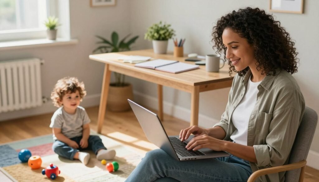 A cozy home office scene focused on a mom watching an online tutorial on her laptop. In the foreground, the mom, a woman of diverse ethnicity with a warm smile, sits comfortably in a casual but professional outfit, engaged in learning. Beside her, a playful toddler is sitting on a colorful rug, surrounded by toys, creating a vibrant and lively atmosphere. The middle ground features a neatly organized desk with notepads, a coffee mug, and a small plant, symbolizing productivity and creativity. In the background, soft natural light streams through a window, illuminating the room and casting gentle shadows, evoking a sense of calm and focus. The overall mood is inspiring and nurturing, perfect for reflecting the theme of starting a new journey. Mom learning virtual assistant skills online to start a remote job while her toddler plays nearby.