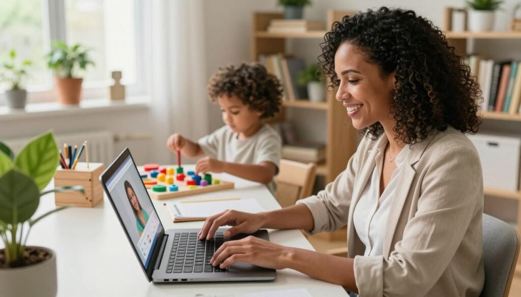 Mom working as an online tutor from home while her child plays with educational toys nearby.