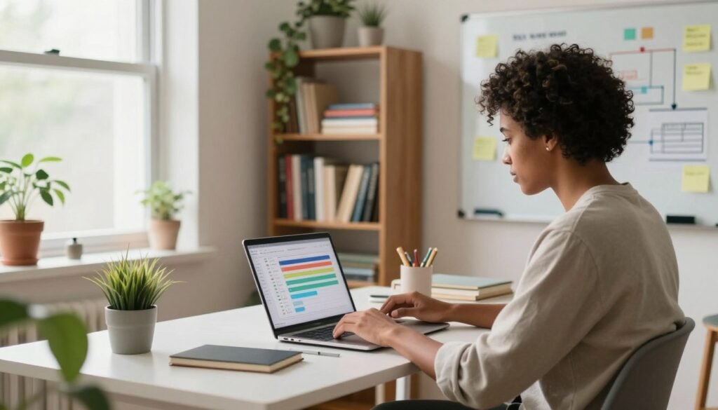 A remote project manager working at a sleek desk in a bright home office, reviewing completed project work on a laptop with planning tools nearby.