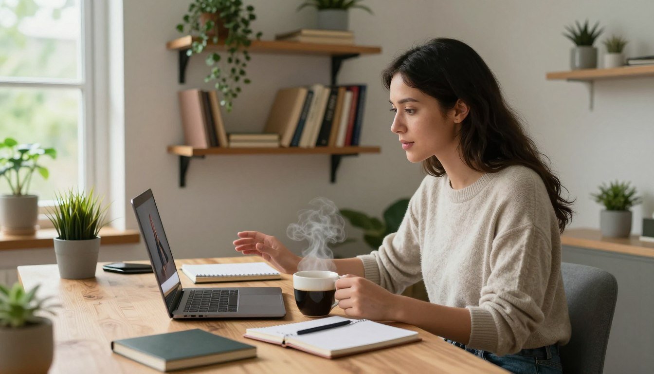 Woman on video call in cozy home office, laptop on wooden desk, notebooks and coffee nearby, bookshelves and plants behind her, natural light.