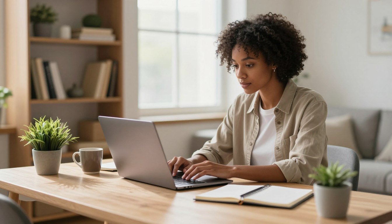 A cozy home office with a single person in professional casual attire working on a laptop at a neatly organized desk with a coffee mug, notepad, and small plant, illuminated by soft natural light from a nearby window.