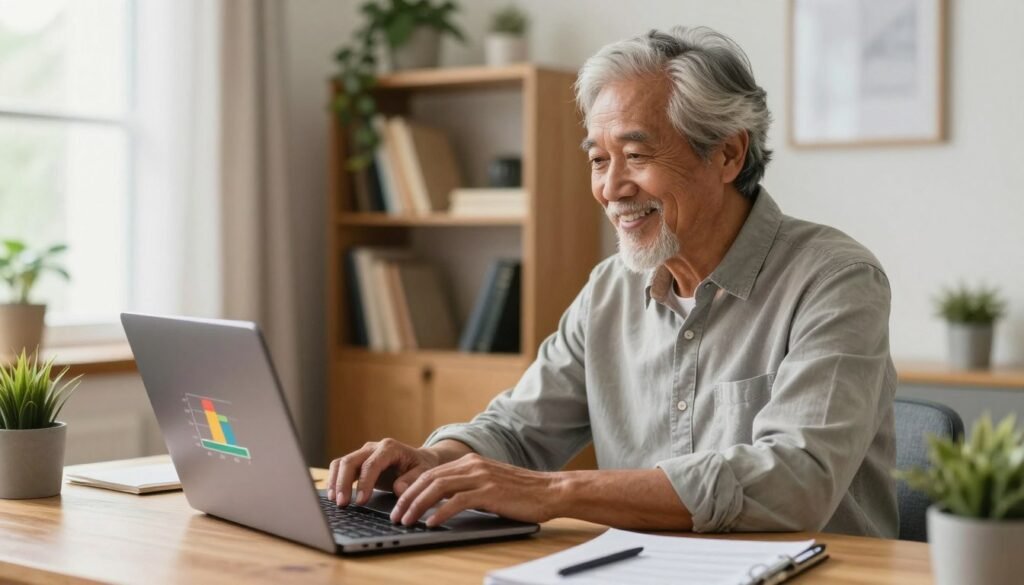 A cozy home office setting, where a diverse senior adult, dressed in smart casual attire, is sitting at a stylish wooden desk working on a laptop. The foreground features a close-up of the laptop screen displaying a colorful infographic of pay ranges, illustrating various income levels in remote jobs. In the middle, the senior worker is focused and engaged, with a warm smile showing a sense of accomplishment. The background showcases a bookshelf filled with professional books, plants for a touch of greenery, and soft natural light streaming through a window, creating an inviting and productive atmosphere. The overall mood is positive and encouraging, highlighting the theme of new opportunities in later life. Senior adult analyzing remote job pay ranges on a laptop in a cozy home office