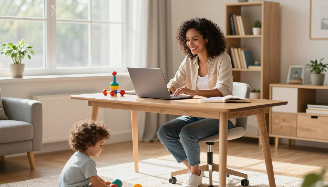 Mom taking an online course at home to prepare for a remote job while her child plays nearby.