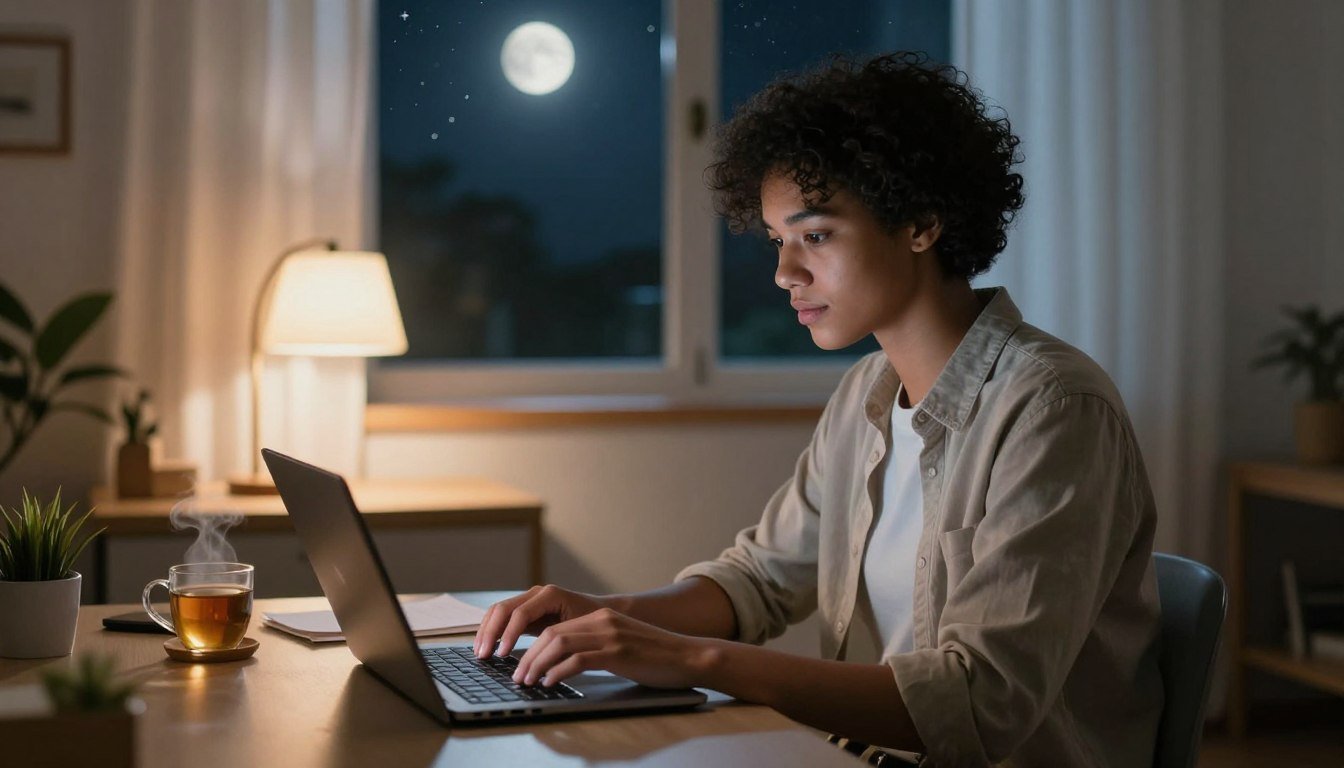 A cozy, serene nighttime scene of a single person working alone at home. The foreground features a young professional of diverse descent, dressed in comfortable yet polished casual attire, focused on their laptop. Soft, natural light illuminates the room, creating a warm atmosphere. In the middle ground, a small desk is adorned with a stylish lamp casting a gentle glow, alongside a steaming cup of tea and scattered notes. The background showcases a window revealing a starry night sky, with moonlight gently filtering through sheer curtains. The overall mood is tranquil and inspiring, reflecting the unique opportunities available for night owls seeking remote jobs in the evening or overnight hours. Young professional working at night on laptop, desk with lamp and tea, window showing starry sky, cozy home office.