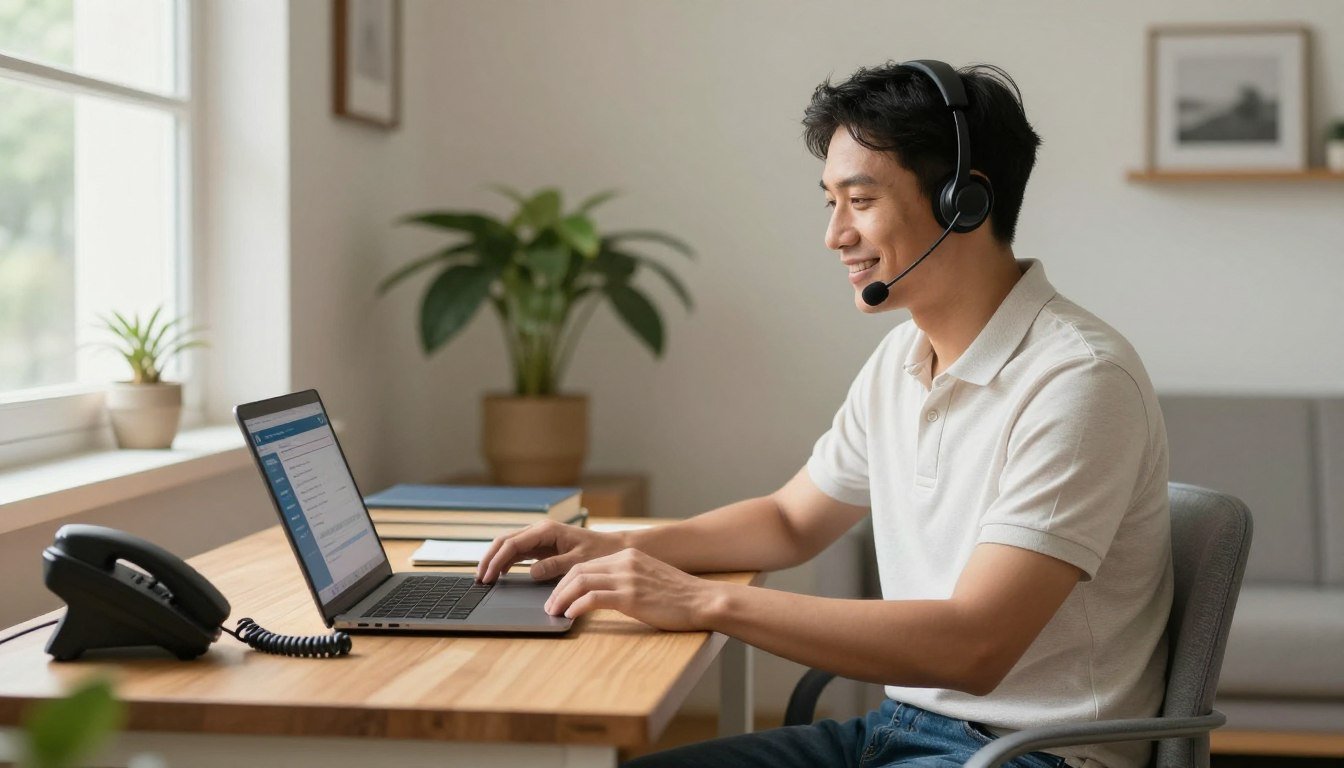 A customer service representative seated comfortably at a stylish home desk, wearing casual yet professional attire, such as a smart polo shirt and jeans. The foreground features a warm, inviting desk with a laptop open, showing customer service software, and a phone beside it. In the middle, a light, airy room filled with natural light pouring through a window, creating a relaxed atmosphere. A potted plant and a few books add to the cozy environment. In the background, soft colors of the wall and a hint of personal touches, like framed pictures, enhance the sense of individuality. The overall mood is friendly and approachable, representing connection and accessibility in remote customer service work. Customer service representative at home desk with laptop showing support software and phone, natural light, plants and books nearby.