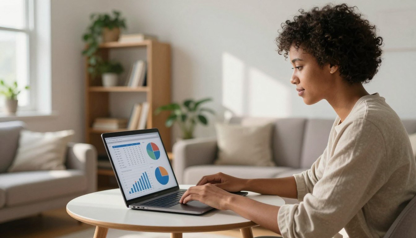 A diverse individual, casually dressed in a comfortable home setting, sits at a small desk, focused on a laptop displaying graphs and charts related to pay data. The foreground features the laptop with clear, visible digital graphics showcasing pay data and pie charts. In the middle ground, a cozy, well-lit room with plants and bookshelves creates a tranquil atmosphere. Soft, natural sunlight streams through a nearby window, casting gentle shadows and highlighting the subject's thoughtful expression. The background is minimalistic, suggesting a relaxed yet productive home office environment, reinforcing the theme of high-demand remote roles. The overall mood is calm and focused, inspiring a sense of professionalism while creating a relatable home workspace ambiance. Diverse professional analyzing pay data graphs on laptop at home desk, plants and bookshelves nearby, soft natural light.