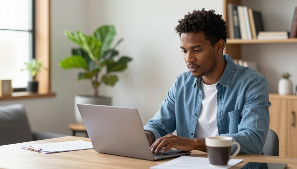 A diverse individual, casually dressed, sits in a cozy home workspace, focused on their laptop. The foreground features a few scattered papers and a mug of coffee beside the laptop, conveying a sense of productivity. In the middle ground, a vibrant indoor plant sits on a small table, adding a touch of greenery to the scene. The background shows a well-lit room with soft natural light streaming in through a window, illuminating bookshelves filled with books on career development and personal growth. The atmosphere is warm and inviting, suggesting comfort and motivation in a remote work setting. The image should capture the essence of finding remote jobs and entry-level positions in a relatable, professional manner. A Black American man sitting in a cozy home workspace, casually dressed and focused on a laptop, with papers, a coffee mug, and natural light illuminating bookshelves and a plant in the background.