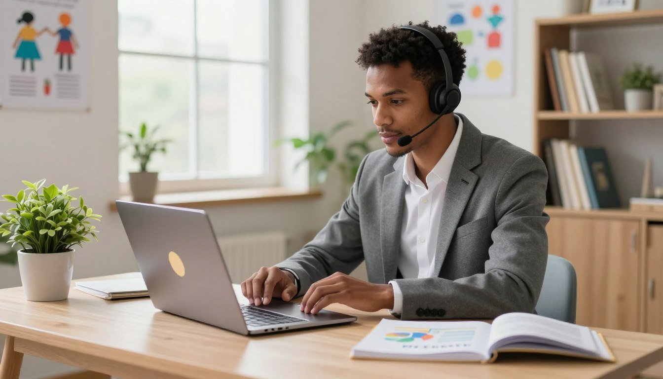 Professional remote teacher in business attire using a laptop with online classroom interface in a well-lit home office.