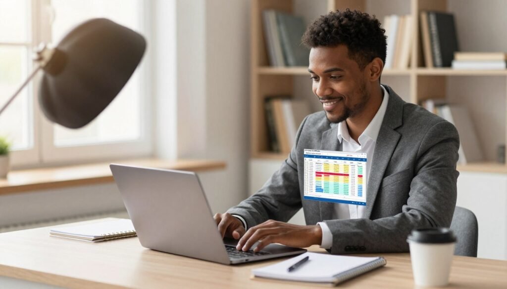 A diverse individual in professional business attire sits at a clean, organized home workspace, focused on a laptop. The screen displays a colorful spreadsheet filled with data, symbolizing entry-level training in remote data entry jobs. In the foreground, a neatly arranged notebook and a cup of coffee enhance the atmosphere of productivity. The middle ground captures the individual’s concentrated expression, illuminated by warm, natural light coming from a nearby window, adding a sense of comfort and clarity. The background features a tasteful bookshelf filled with professional development books, suggesting a commitment to learning and growth. The image evokes a mood of determination and friendly encouragement for entry-level positions. A man in business attire trains for a remote data entry job while working on a laptop in a home office.
