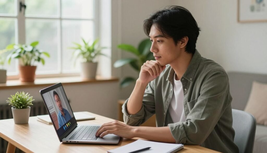 A diverse individual of Asian descent, dressed in a smart casual outfit, sits comfortably at a small desk in a cozy home environment, thoughtfully engaged in a video call. The scene captures a warm, inviting atmosphere with natural light streaming through a large window, casting gentle shadows. In the foreground, a laptop is open, displaying a vibrant video chat interface, while in the background, soft greenery from potted plants creates a sense of tranquility. The person's expression conveys confidence and attentiveness, illustrating effective communication skills. The overall mood is productive yet relaxed, emphasizing the importance of interpersonal skills in remote work. The angle is slightly elevated, providing a clear view of both the individual and their workspace, focused on enhancing the essence of remote communication. An individual of Asian descent sitting at a small home desk during a video call, with natural light, minimalistic decor, and a laptop open in the foreground.