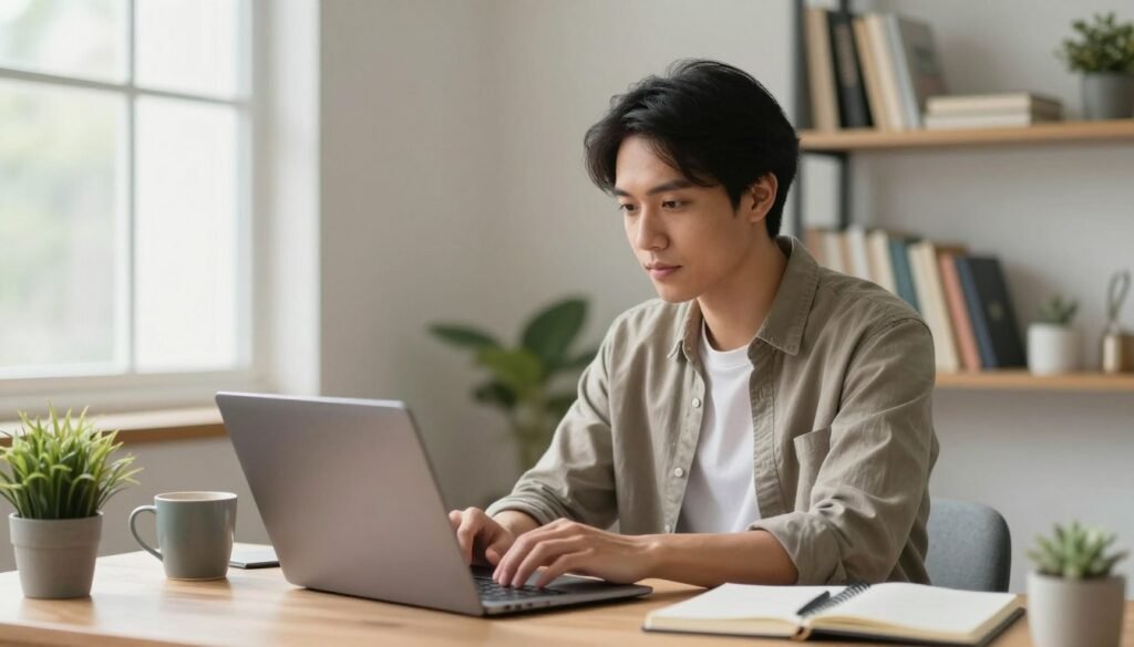 A diverse individual of Asian descent sits at a cozy home workspace, focused on a laptop while surrounded by minimalistic decor and soft natural light streaming in from a window. The person wears comfortable, modest casual clothing and exhibits a relaxed yet determined expression, symbolizing the accessibility of remote support roles. In the foreground, a coffee mug, a small plant, and a notebook are visible, adding to the warm and inviting environment. The middle area captures the individual's engaged posture, with fingers typing away, while the background features a tidy shelf filled with books, creating a nurturing atmosphere conducive to work. The overall mood is uplifting and motivating, highlighting the essence of entry-level remote jobs that require no prior experience. An individual of Asian descent working at a cozy home workspace with a laptop, soft natural light, and minimalistic decor, symbolizing accessible entry‑level remote support roles.