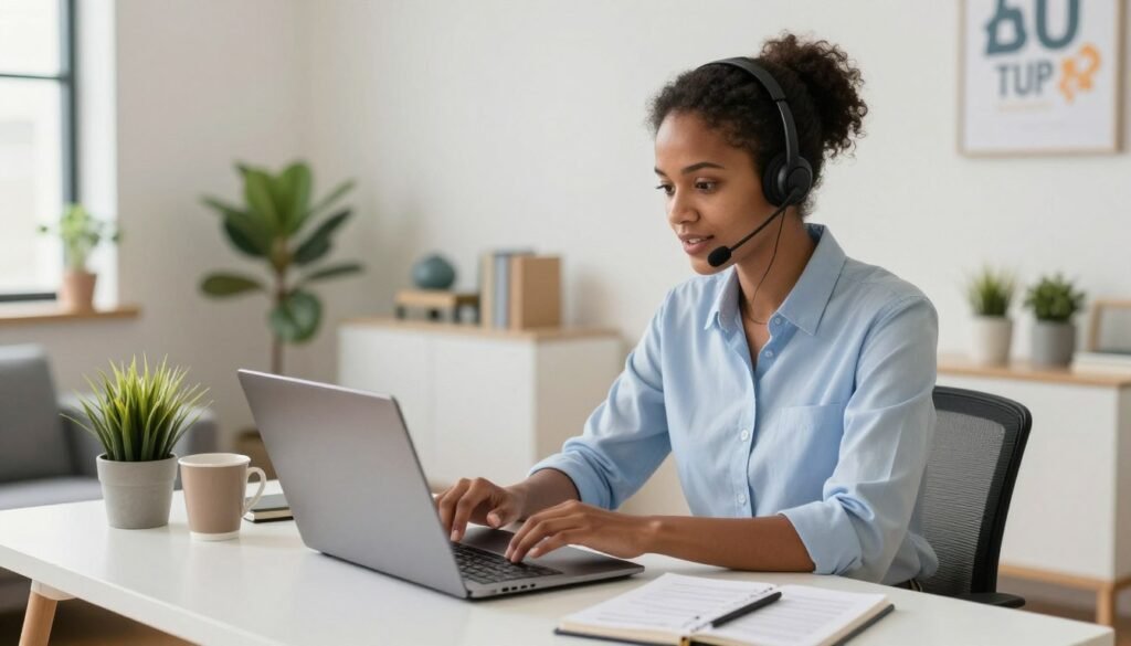 A diverse individual seated at a modern home office desk, wearing professional attire and a headset, engaged in online teaching. The person is focused on a laptop, with notes and a coffee mug nearby, conveying a sense of preparation and determination despite being inexperienced. The background features a well-organized, bright workspace with plants and motivational artwork on the walls. Soft natural lighting streams in from a nearby window, creating a warm and inviting atmosphere. The angle captures the individual from a slightly elevated perspective, emphasizing their engagement with the teaching material. The overall mood is one of encouragement and optimism, reflecting the journey of starting a new remote teaching career. New online tutor teaching virtually from a modern home office desk, wearing a headset and working on a laptop with notes and a coffee mug nearby.