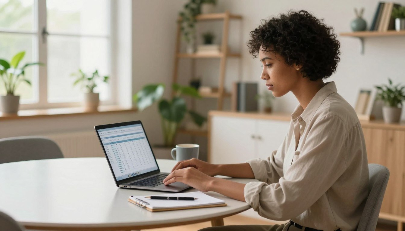 A person in professional casual attire working on a laptop with accounting spreadsheets at a modern dining table, with a notepad, coffee mug, and warm natural light in a home workspace.