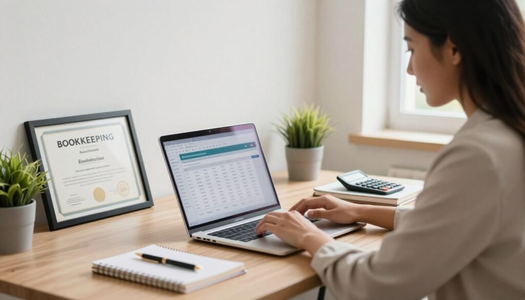 A diverse individual sitting at a well-organized home office desk, focused intently on accounting software displayed on a sleek laptop. The person is dressed in professional business attire, exuding confidence and competence. In the foreground, a certificate framed on the wall showcases prestigious bookkeeping certifications, symbolizing expertise and ambition. The middle ground features a tidy workspace with notebooks, a calculator, and a plant for a touch of greenery, enhancing productivity. The background reveals soft, natural light streaming in through a window, creating a warm and inviting atmosphere. The scene conveys a sense of professionalism and determination, capturing the essence of remote bookkeeping certifications that help individuals get hired faster. Certified remote bookkeeper preparing monthly profit and loss report in accounting software from home office