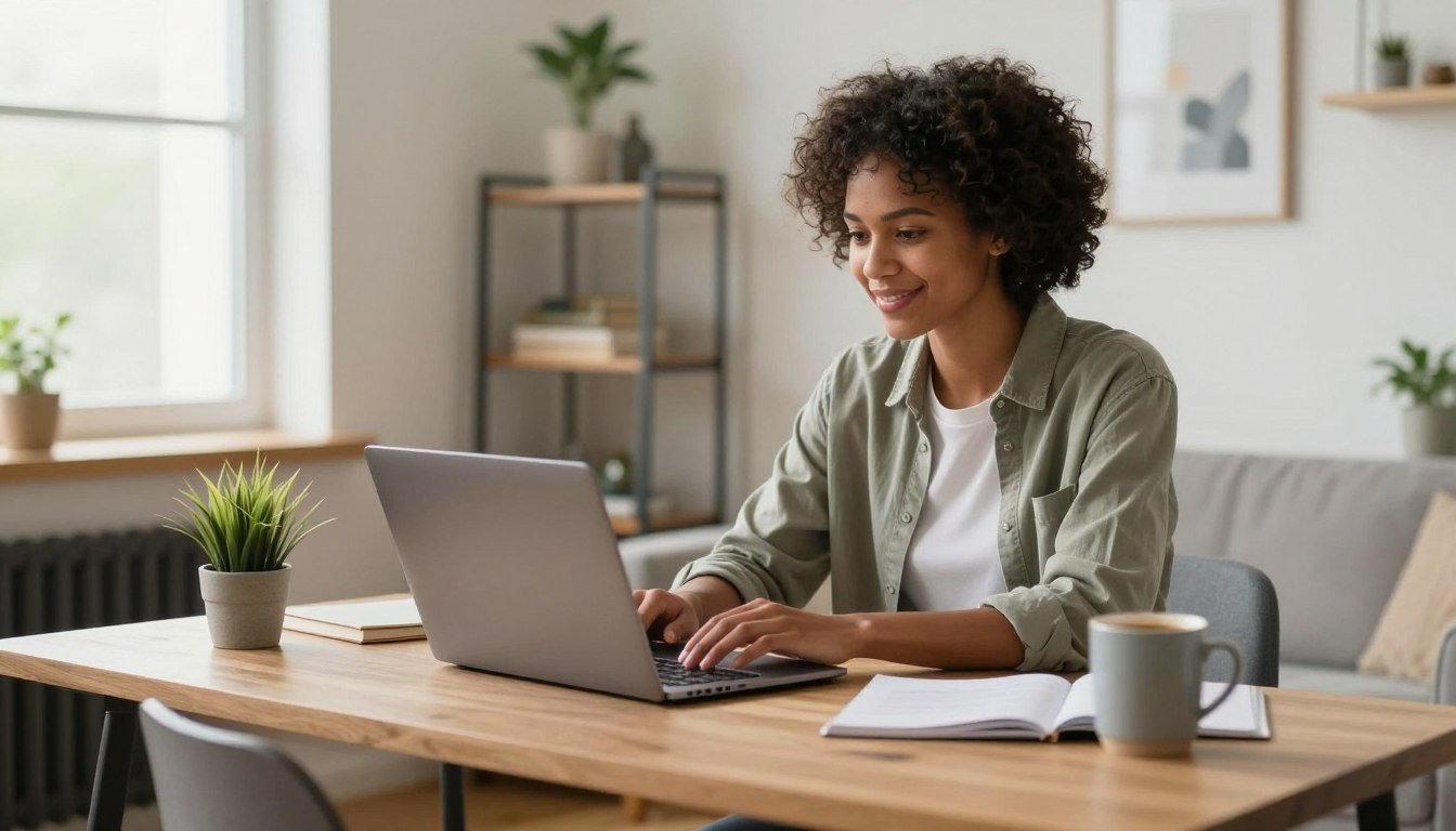A diverse individual sitting comfortably at a stylish desk in a cozy home workspace, focused on a laptop while browsing remote job opportunities. The foreground features the person, dressed in smart-casual attire, with natural light filtering through a nearby window, softly illuminating the scene. The middle ground shows a neatly arranged workspace with a few personal touches, like a small potted plant and a coffee mug, evoking a sense of warmth and comfort. In the background, there are hints of a well-organized room, such as bookshelves and artwork on the walls, enhancing the homely atmosphere. The overall mood is optimistic and productive, showcasing the idea of finding the right remote job that aligns with personal values and lifestyle. Diverse professional browsing remote job opportunities on laptop at cozy home desk, natural light, plant and coffee mug nearby.