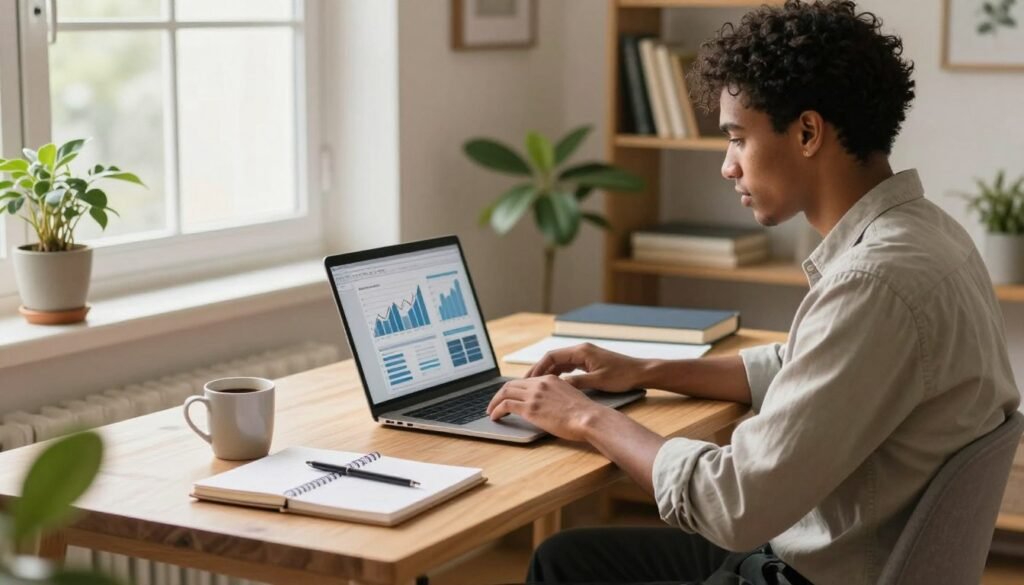 A diverse individual sitting comfortably at a stylish home desk, focused on a laptop, surrounded by a warm, inviting atmosphere. The person, dressed in casual yet professional clothing, exudes a sense of confidence and ambition. Soft, natural light filters through a nearby window, illuminating the workspace with a gentle glow. In the foreground, a few well-organized notebooks and a coffee mug add a personal touch. In the middle, the laptop screen shows graphs and financial figures symbolizing high earning potential. The background features a fresh indoor plant and neatly arranged books on a shelf, enhancing the creative yet professional vibe. The overall mood is motivational and inspiring, highlighting the concept of remote work with significant earning opportunities. A young Black American man working at a stylish home desk with a laptop displaying financial graphs, surrounded by soft natural light and neatly arranged workspace items.