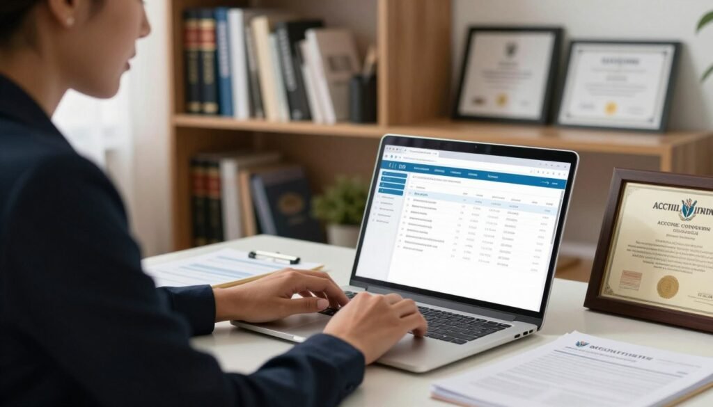 A diverse individual working from home, focused on a laptop displaying accounting software or a spreadsheet filled with various certifications. In the foreground, the person, dressed in professional business attire, is seated at a tidy desk with papers and a certification plaque nearby, symbolizing achievements in accounting education. The middle ground features a well-organized bookshelf filled with accounting books and framed certificates, reflecting a commitment to professional development. The background is softly blurred to emphasize the individual's concentration, with warm, inviting lighting creating a productive atmosphere. The scene conveys a sense of diligence and dedication to the profession, illustrating the importance of certifications in remote accounting careers. An accountant reviewing a spreadsheet of accounting certifications on a laptop at a tidy home office desk, with papers and a certification plaque nearby.