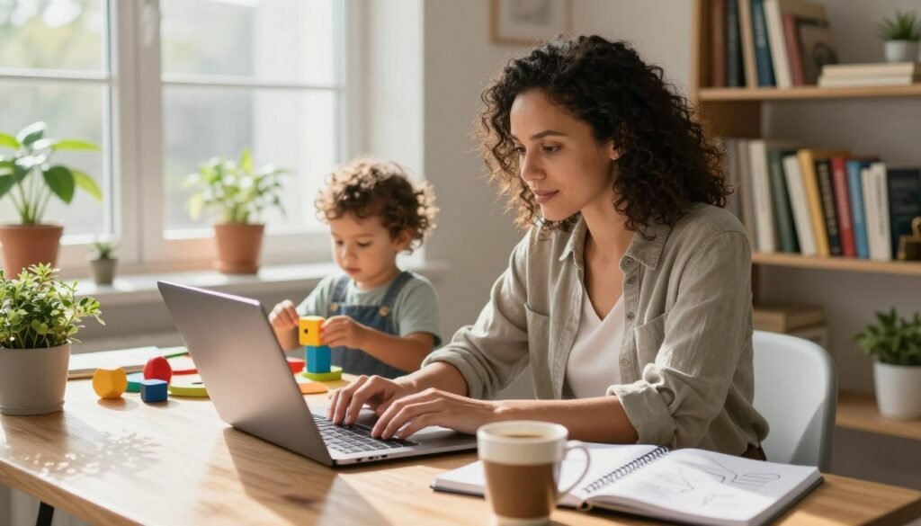A diverse mom sitting at a cozy, sunlit home workspace, wearing casual but neat attire, focused intently on her laptop screen as she watches a tutorial on remote jobs. A playful toddler is seated nearby, playing with colorful toys. In the foreground, a cup of coffee and some notebooks filled with notes and ideas are visible, enhancing the sense of productivity. The middle ground features soft natural lighting filtering through a window, casting a warm glow over the scene, while a few potted plants add a touch of greenery. In the background, a stylish bookshelf showcases parenting and career-related books, conveying a nurturing yet aspirational atmosphere. The overall mood is one of determination and optimism, capturing the spirit of mothers exploring new opportunities. Mom researching remote job opportunities on her laptop while her toddler plays nearby at home.