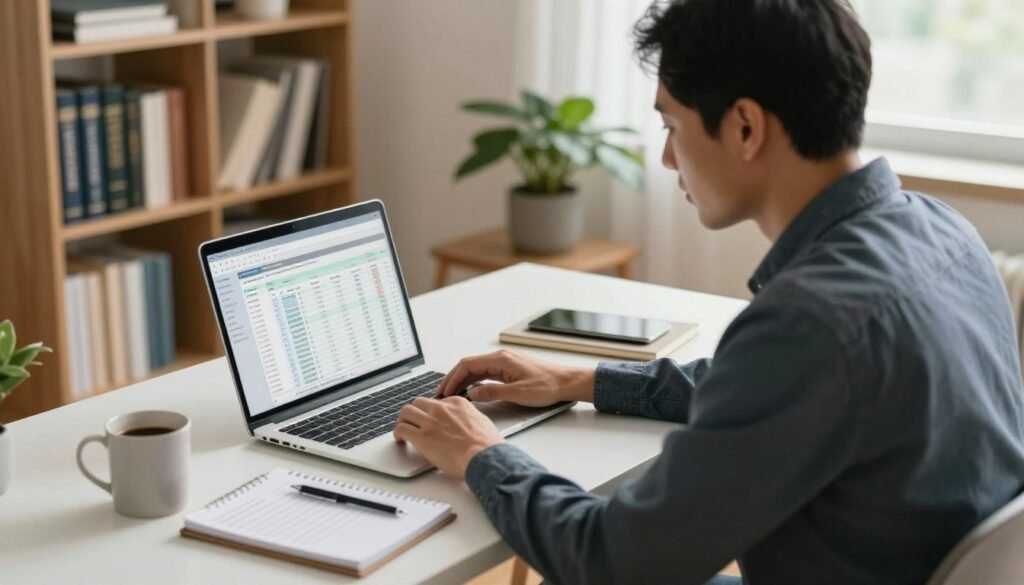 A diverse tax advisor sitting at a modern home office desk, focused on a laptop displaying accounting software and spreadsheets. The advisor is dressed in professional business attire, exuding competence and confidence. In the foreground, a coffee mug and a notepad with tax-related notes are visible on the desk. In the middle ground, the laptop screen glows softly, highlighting the financial data. The background features a cozy bookshelf filled with accounting books and a potted plant, adding warmth to the workspace. Soft, natural light streams in from a window, creating a calm, productive atmosphere. The angle is slightly overhead, emphasizing the advisor's engaged expression as they work on tax preparation from home. A tax advisor reviewing tax schedules and financial data in accounting software on a laptop at a modern home office desk, with a notepad of tax notes and a coffee mug nearby.