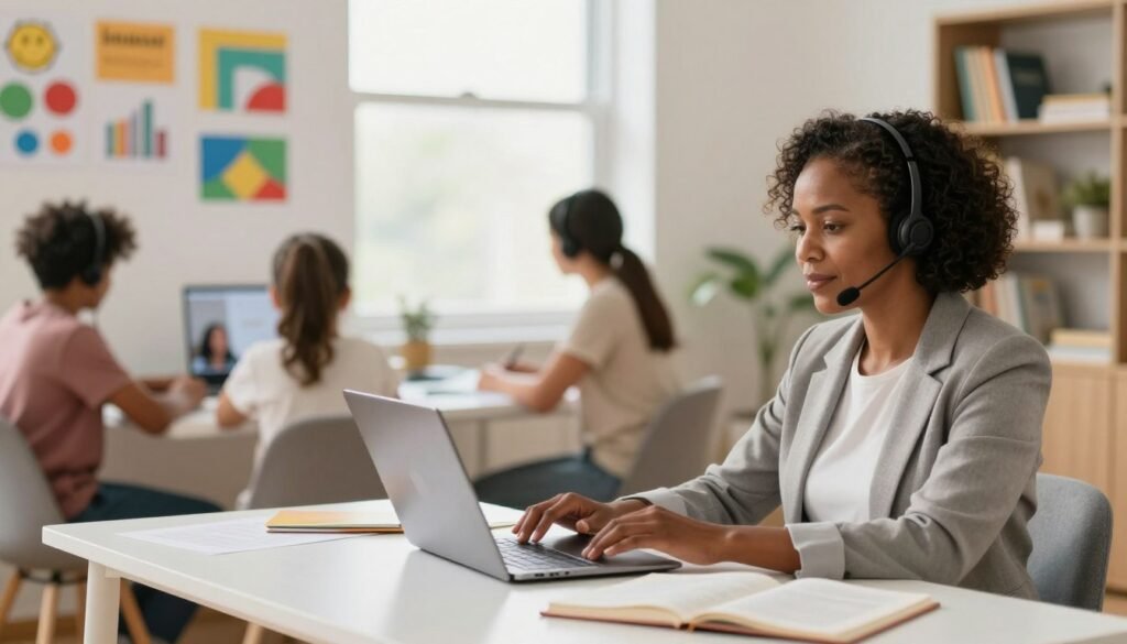 A diverse teacher sits at a modern home desk, engaging with students in a live remote classroom setting. The foreground features the teacher, a middle-aged Black woman wearing professional attire, with a headset on, focused on her laptop. She is surrounded by educational materials and a few colorful charts on the wall behind her. The middle layer includes a bright, well-organized workspace that conveys a productive atmosphere, with natural light streaming in through a window, enhancing the warm colors of the room. The background is softly blurred, hinting at a neatly arranged bookshelf filled with books and educational resources. The overall mood is inspiring and energetic, promoting the effectiveness of remote teaching in a cozy yet professional environment. A woman teaching remotely from a home desk, wearing a headset and engaging online while three children work quietly in the background.