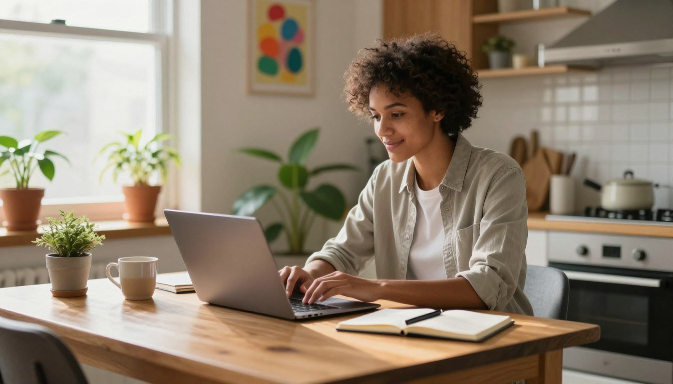 A young professional Black American woman working remotely at cozy kitchen table, laptop open, coffee cup, notebook, smartphone, plants, natural light.
