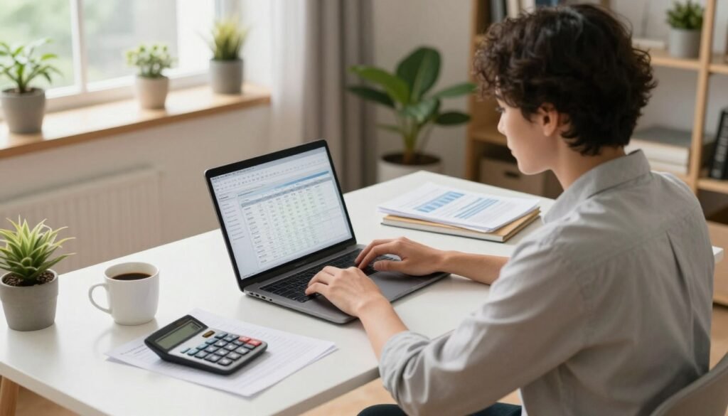 A focused and professional scene featuring a diverse individual working from home as a controller. Foreground: A person, dressed in business casual attire, is seated at a stylish desk, intently using a laptop displaying complex accounting software or a spreadsheet. Middle: The workspace is organized, with financial documents, a calculator, and a cup of coffee neatly arranged. Background: A well-lit room with soft, natural lighting streaming through a window, featuring potted plants and a modern bookshelf. The atmosphere conveys productivity and focus, suggesting remote leadership roles within the accounting field. The angle is a slight overhead perspective, emphasizing both the individual’s engagement with their work and the inviting home environment. A controller reviewing complex financial data in accounting software on a laptop at a modern home office desk, with financial documents and a calculator arranged neatly nearby.