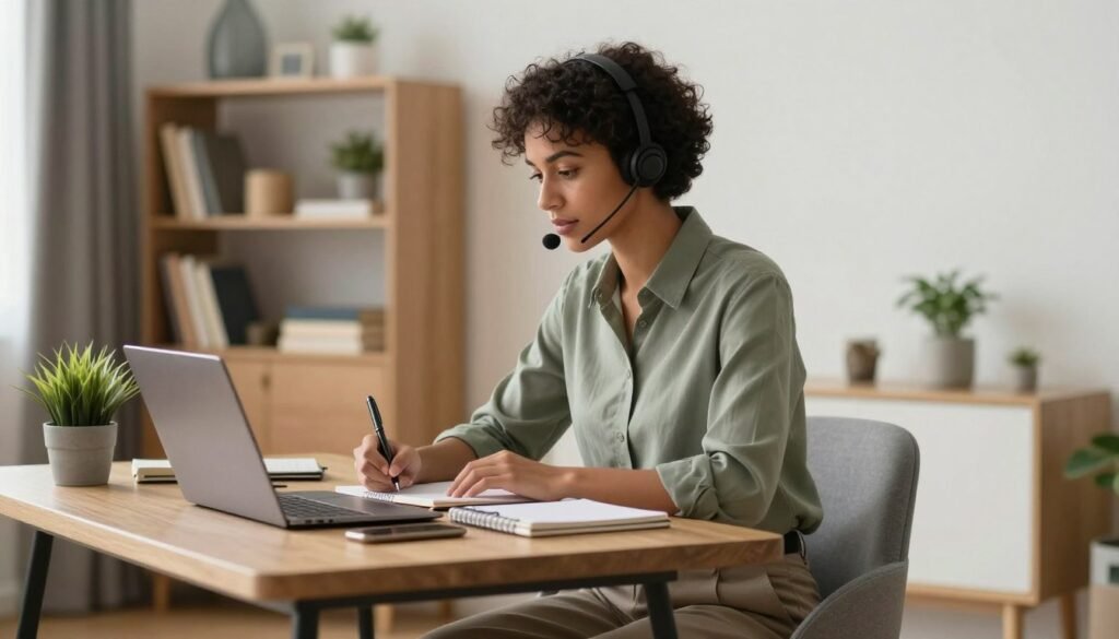 A focused chat support specialist working in a modern home office setting, sitting at a stylish desk, engaged with a laptop. The individual, a diverse professional in their late twenties, wears smart casual attire, such as a fitted shirt and comfortable pants. They are taking notes on a notepad, with a focused expression, indicating they are learning new job skills. The background features a cozy bookshelf filled with books and accessories, alongside a small plant for a touch of greenery. Soft, natural light streams in from a window, creating a warm and inviting atmosphere. The composition captures a side angle, showcasing the specialist's concentration and the organized workspace, evoking a sense of professionalism and dedication. Chat support specialist wearing a headset, taking notes while working on a laptop in a modern, well‑lit home office.