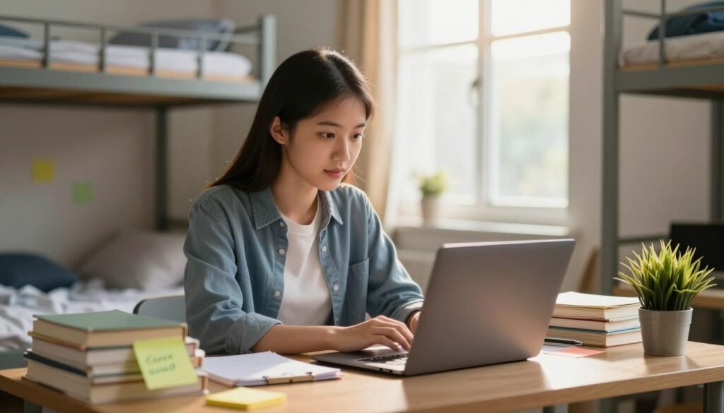 A focused college student sits at a tidy desk in a cozy dorm room, working on a laptop. The student, a young woman of Asian descent wearing smart casual attire, appears engaged as she reviews career skills on a digital screen. Surrounding her are stacks of textbooks, colorful sticky notes, and a small plant, creating an academic atmosphere. In the background, soft sunlight filters through a window, casting a warm glow that enhances the inviting space. The scene is framed with a slight angle from the left, giving depth to the image while emphasizing the student’s concentration and determination. The overall mood is inspiring and encouraging, highlighting the pursuit of the right remote job while studying. College student reviewing remote career skills on laptop in dorm room
