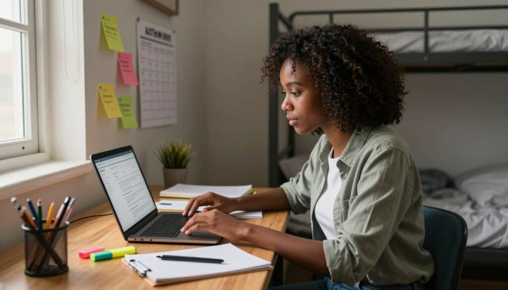 A focused college student working remotely in a cozy dorm room, seated at a wooden desk cluttered with resume tools like a laptop, notebooks, and highlighters. The student, a young Black woman dressed in casual yet professional attire, exudes concentration as she reviews her resume on the laptop screen. On the wall behind her, pinned notes and a calendar give an organized, academic feel. Soft, natural lighting filters in from a window, casting a warm glow across the room and highlighting the student’s focused expression. The atmosphere is inspiring and productive, capturing the essence of remote work for students. College student reviewing her resume on a laptop in a dorm room at a wooden desk