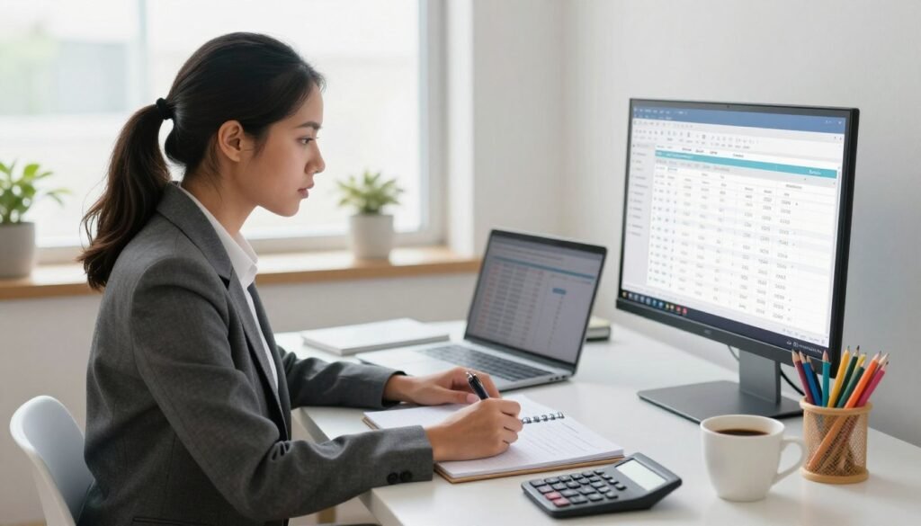 A focused, diverse individual, dressed in professional business attire, sits at a well-organized home office desk, deeply engaged in their work. The desk is equipped with modern accounting software displayed on a sleek monitor, alongside colorful stationery and a calculator. The foreground emphasizes their determined expression, showcasing skills in remote bookkeeping. In the middle ground, a laptop, open ledgers, and a cup of coffee create a productive atmosphere. The background features a bright window, allowing natural light to illuminate the space, enhancing a feeling of clarity and focus. The overall mood is one of professionalism and dedication, reflecting the essential skills that employers seek in remote bookkeepers. Remote bookkeeper reconciling bank statements and categorizing business expenses in accounting software from a home office