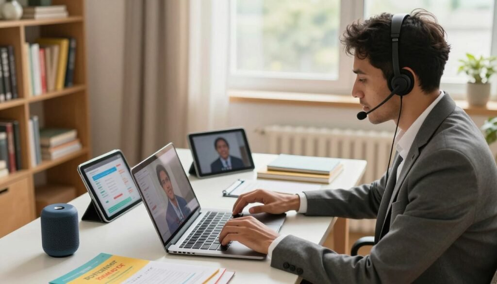 A focused, diverse individual teaching online from a modern home office desk. The foreground features the person wearing professional business attire and a headset, deeply engaged in a virtual lesson with a laptop open before them. In the middle ground, vibrant technology tools like a tablet, a smart speaker, and educational materials are organized neatly on the desk. The background showcases a cozy, well-lit room with bookshelves filled with educational books and a large window allowing natural light to flood in, creating an inviting atmosphere. Soft, warm lighting enhances the professional yet comfortable feel, captured from a slightly elevated angle to emphasize the tech setup. Online professor teaching virtually from a modern home office desk, wearing a headset and working with a laptop and organized tech tools.